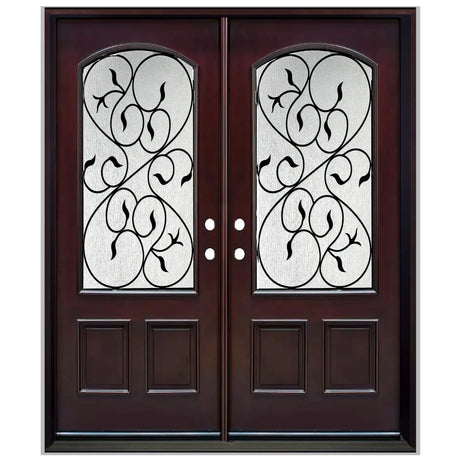 Double front entry door with decorative glass panels and classic panel design, straight-on exterior view