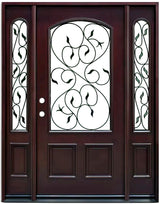 Front entry door with two sidelights and decorative glass panels, classic exterior front view