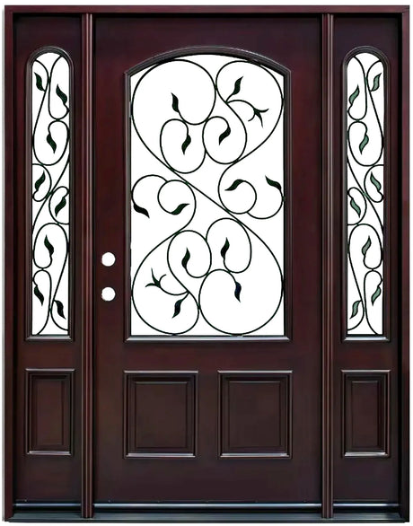 Front entry door with two sidelights and decorative glass panels, classic exterior front view