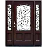 Front entry door with two sidelights and decorative glass panels, classic exterior front view