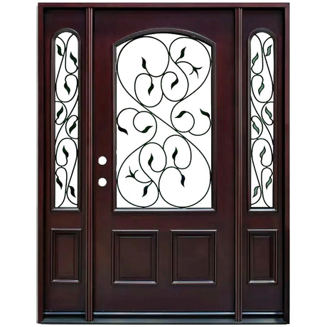 Front entry door with two sidelights and decorative glass panels, classic exterior front view