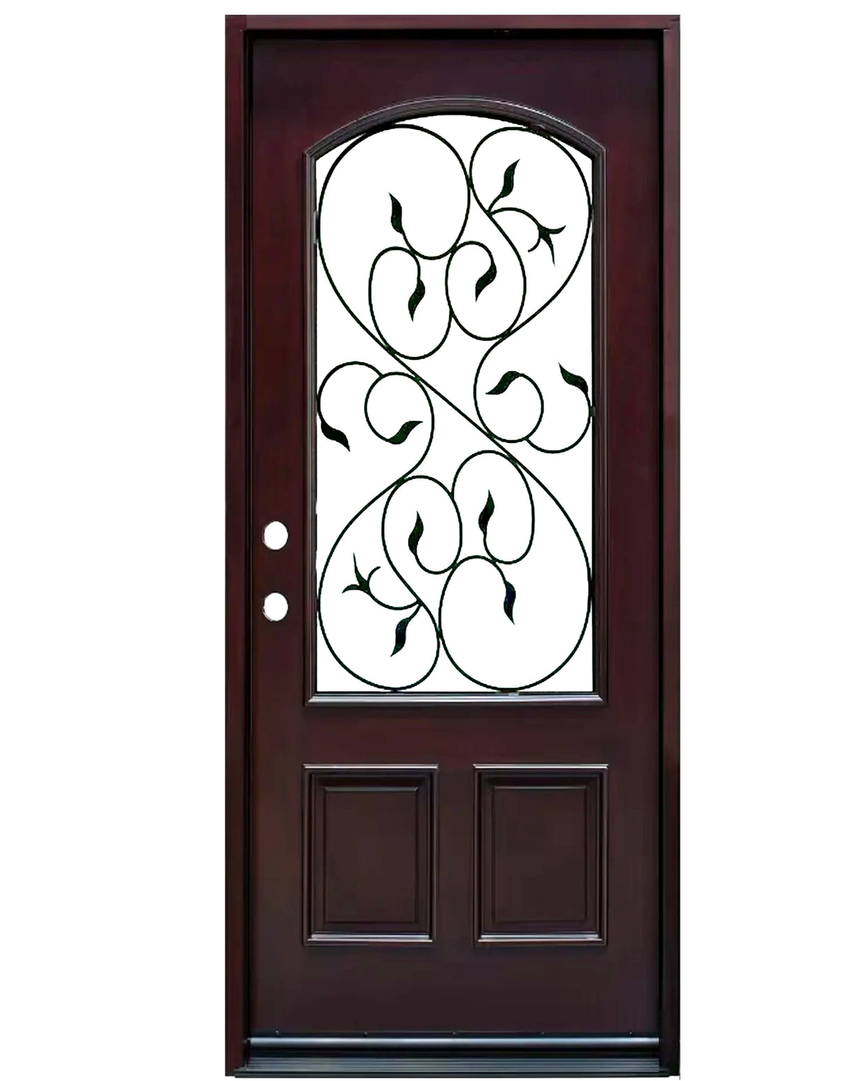 Single front entry door with decorative glass panel and traditional design, straight-on view