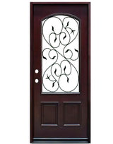 Single front entry door with decorative glass panel and traditional design, straight-on view