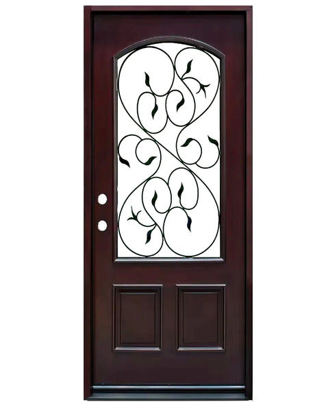 Single front entry door with decorative glass panel and traditional design, straight-on view