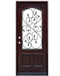 Single front entry door with decorative glass panel and traditional design, straight-on view