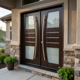 Double front entry door with decorative glass panels and classic panel design, installed on house