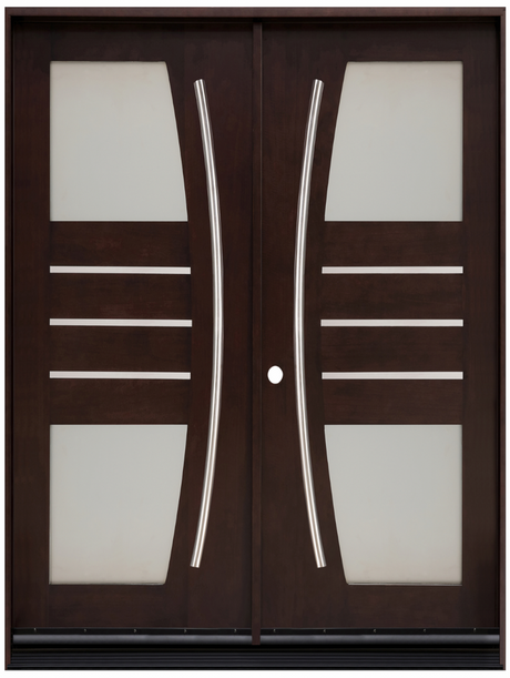 Double front entry door with decorative glass panels and classic panel design, straight-on exterior view