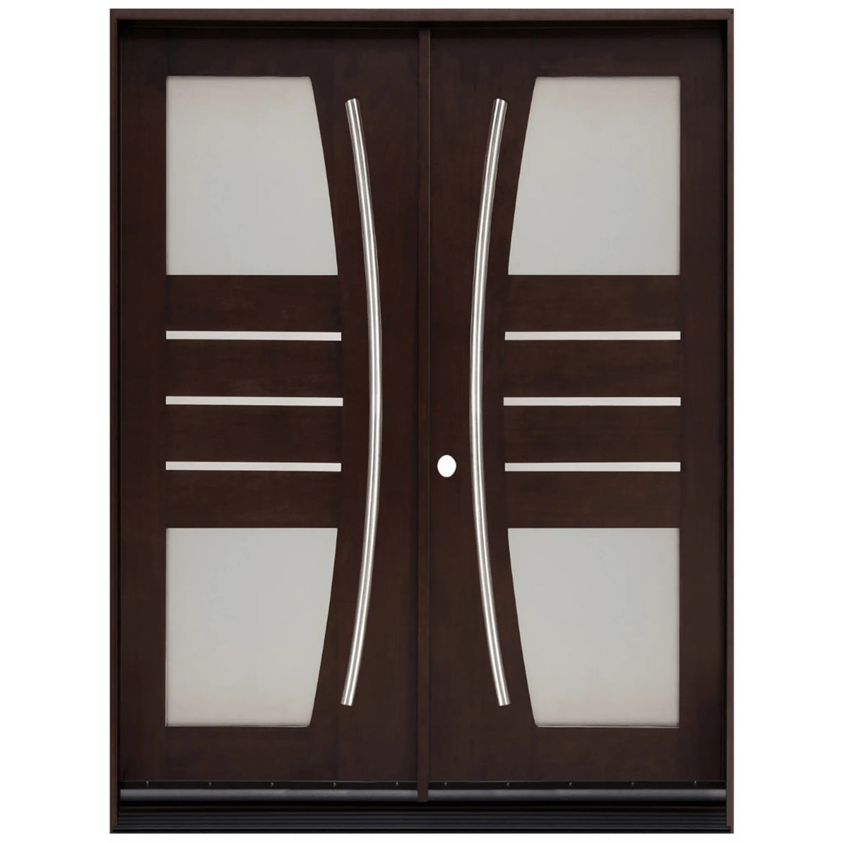 Double front entry door with decorative glass panels and classic panel design, straight-on exterior view