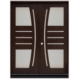 Double front entry door with decorative glass panels and classic panel design, straight-on exterior view