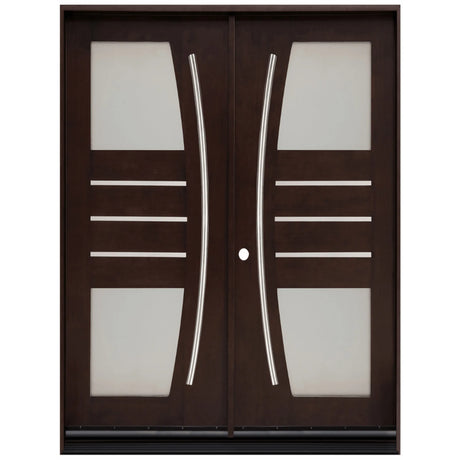 Double front entry door with decorative glass panels and classic panel design, straight-on exterior view