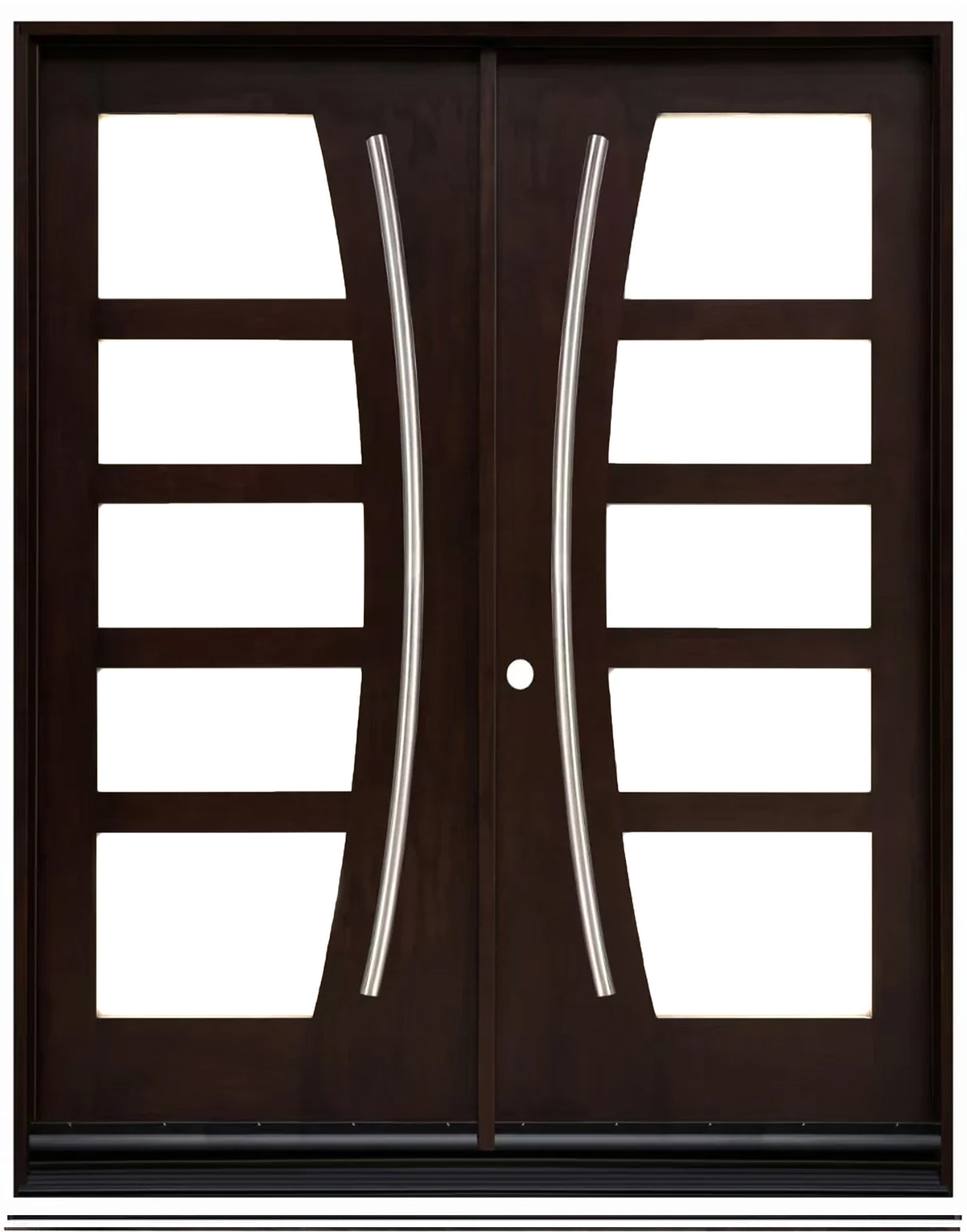 Double front entry door with decorative glass panels and classic panel design, straight-on exterior view