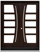 Double front entry door with decorative glass panels and classic panel design, straight-on exterior view