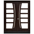 Double front entry door with decorative glass panels and classic panel design, straight-on exterior view