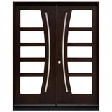 Double front entry door with decorative glass panels and classic panel design, straight-on exterior view