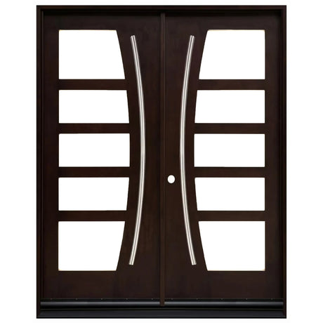 Double front entry door with decorative glass panels and classic panel design, straight-on exterior view