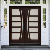 Double front entry door installed on home exterior with decorative glass panels and traditional styling
