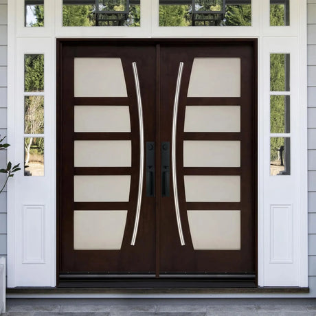 Double front entry door installed on home exterior with decorative glass panels and traditional styling