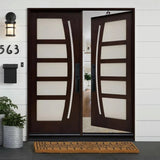 Double front entry door shown in right-hand inswing configuration with decorative glass panels