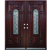 Double front entry door with decorative glass panels and classic traditional design, straight-on exterior view