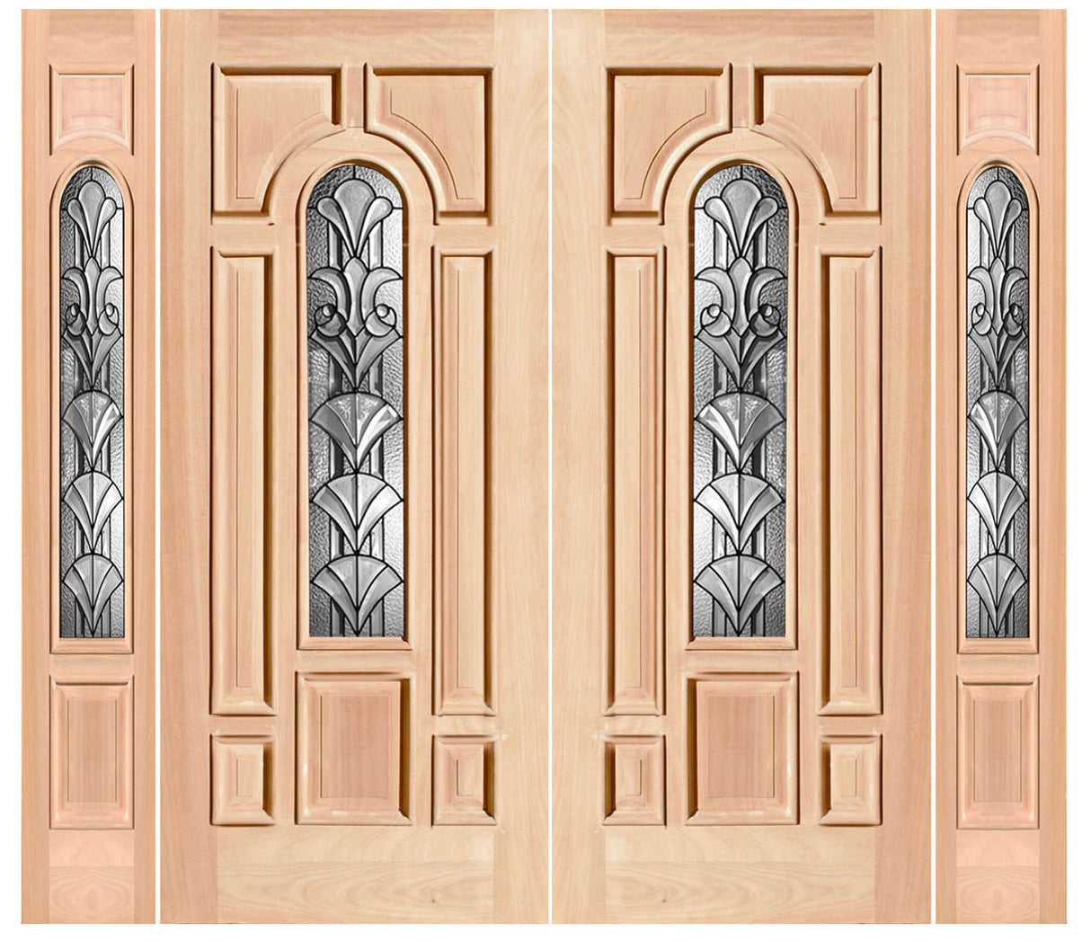 Exterior double solid wood entry doors with sidelights and classic panel design
