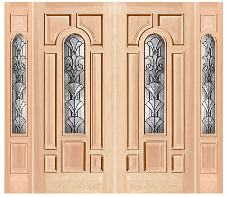 Exterior double solid wood entry doors with sidelights and classic panel design