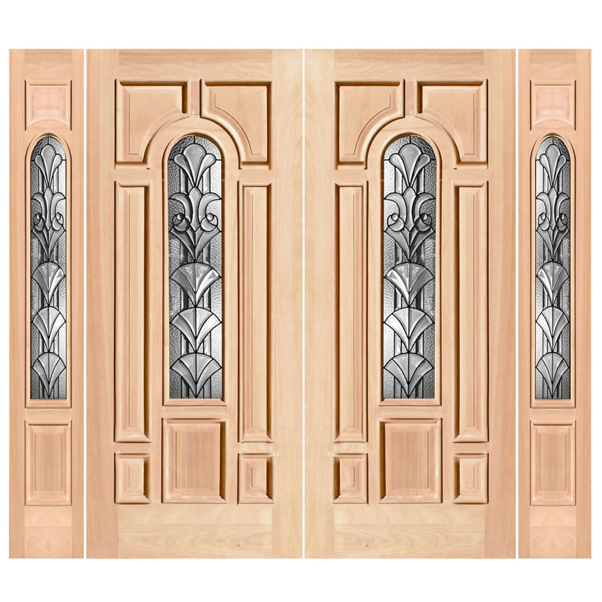 Exterior double solid wood entry doors with sidelights and classic panel design