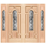 Exterior double solid wood entry doors with sidelights and classic panel design