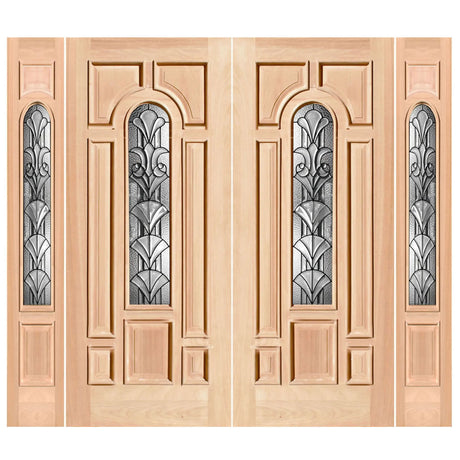 Exterior double solid wood entry doors with sidelights and classic panel design