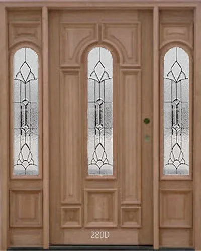 Exterior solid wood entry door with two sidelights and classic panel design