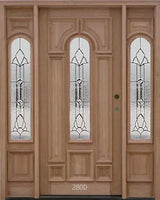 Exterior solid wood entry door with two sidelights and classic panel design