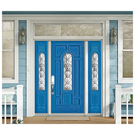 Exterior solid wood entry door with two sidelights and classic panel design