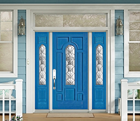 Exterior solid wood entry door with two sidelights and classic panel design
