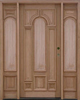 Exterior solid wood entry door with two sidelights and classic panel design