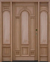 Exterior solid wood entry door with two sidelights and classic panel design