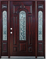 Front entry door with two sidelights and decorative glass panels, classic exterior front view