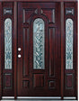 Front entry door with two sidelights and decorative glass panels, classic exterior front view