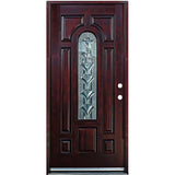 Single front entry door with decorative glass panel and classic design, straight-on view