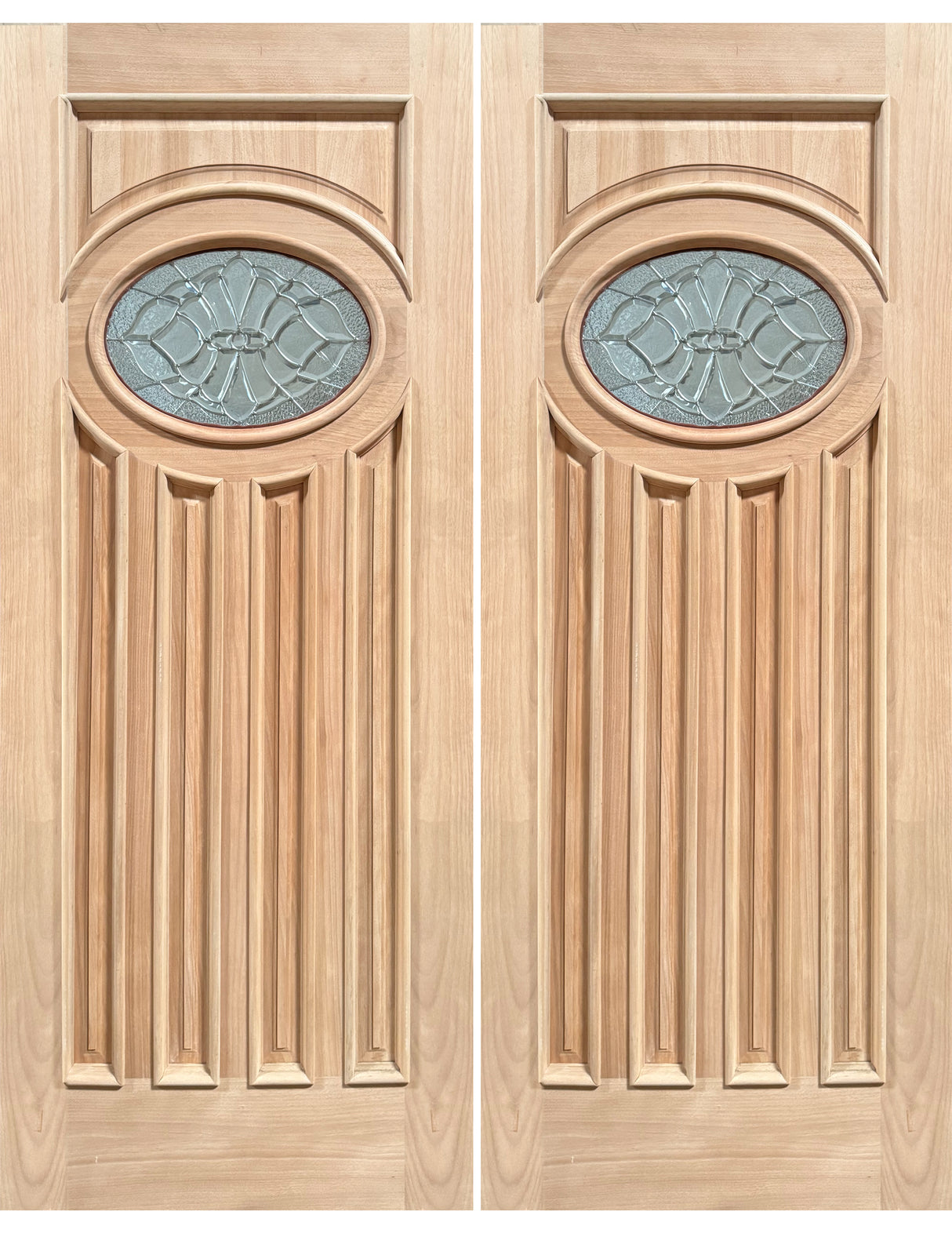 Exterior double solid wood entry doors with classic panel design, front view