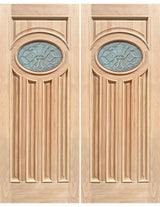 Exterior double solid wood entry doors with classic panel design, front view