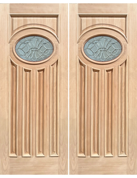 Exterior double solid wood entry doors with classic panel design, front view