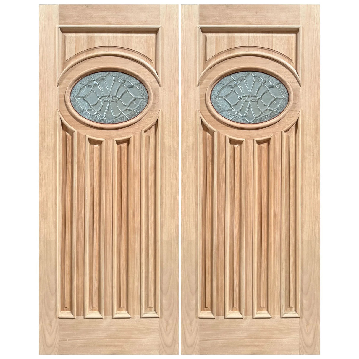 Exterior double solid wood entry doors with classic panel design, front view