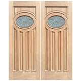 Exterior double solid wood entry doors with classic panel design, front view