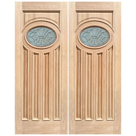 Exterior double solid wood entry doors with classic panel design, front view