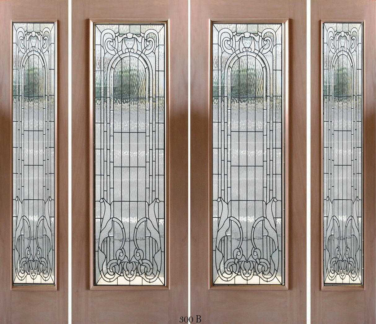 Exterior double solid wood entry doors with sidelights and classic panel design