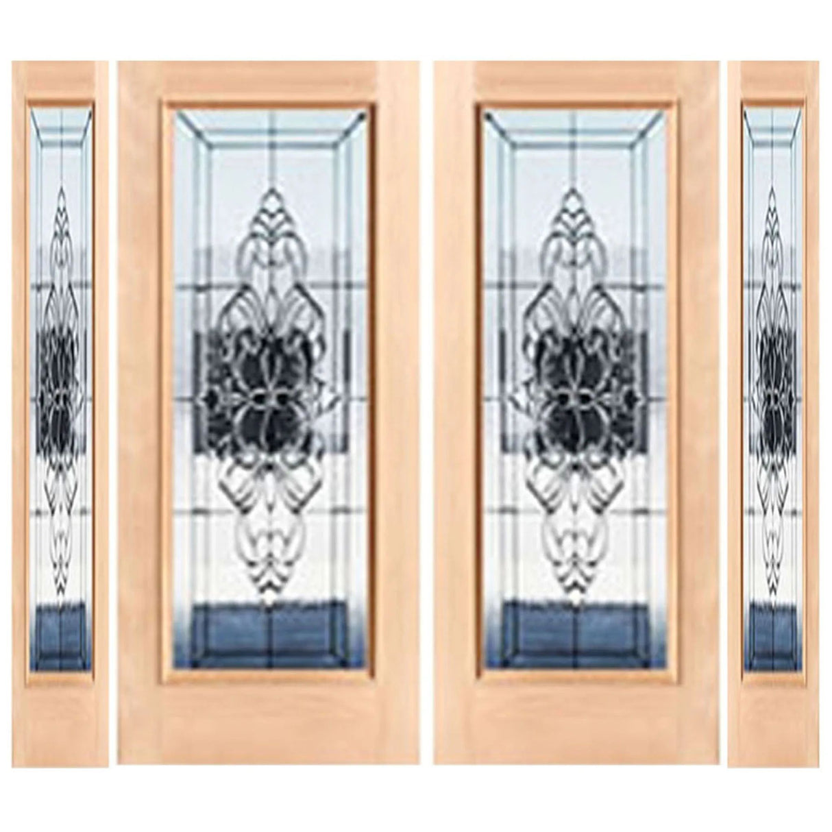 Exterior double solid wood entry doors with sidelights and classic panel design