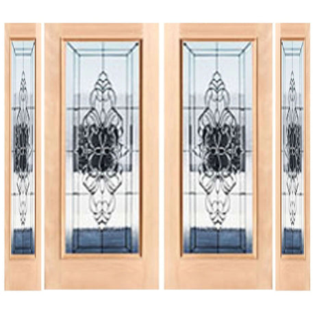 Exterior double solid wood entry doors with sidelights and classic panel design