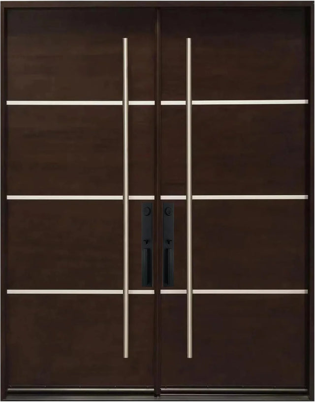 Double front entry door with solid panel design and classic styling, straight-on exterior view