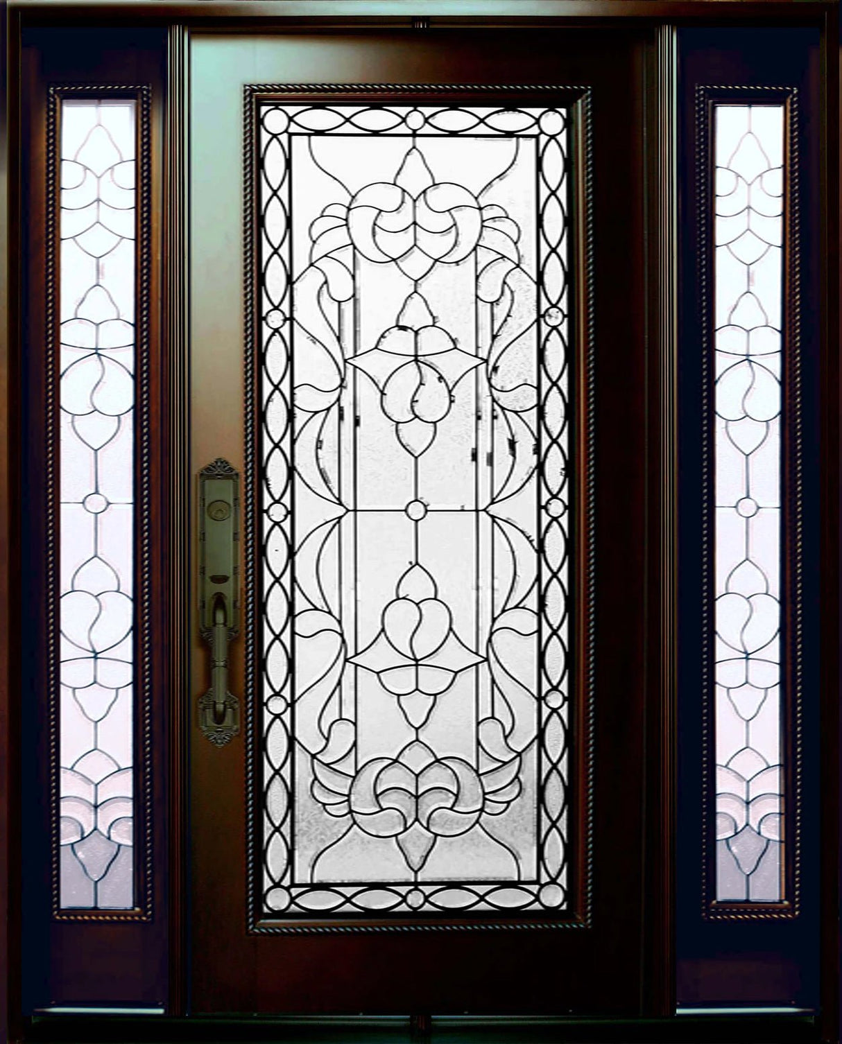Front entry door with two sidelights and decorative glass panels, classic exterior front view
