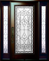 Front entry door with two sidelights and decorative glass panels, classic exterior front view