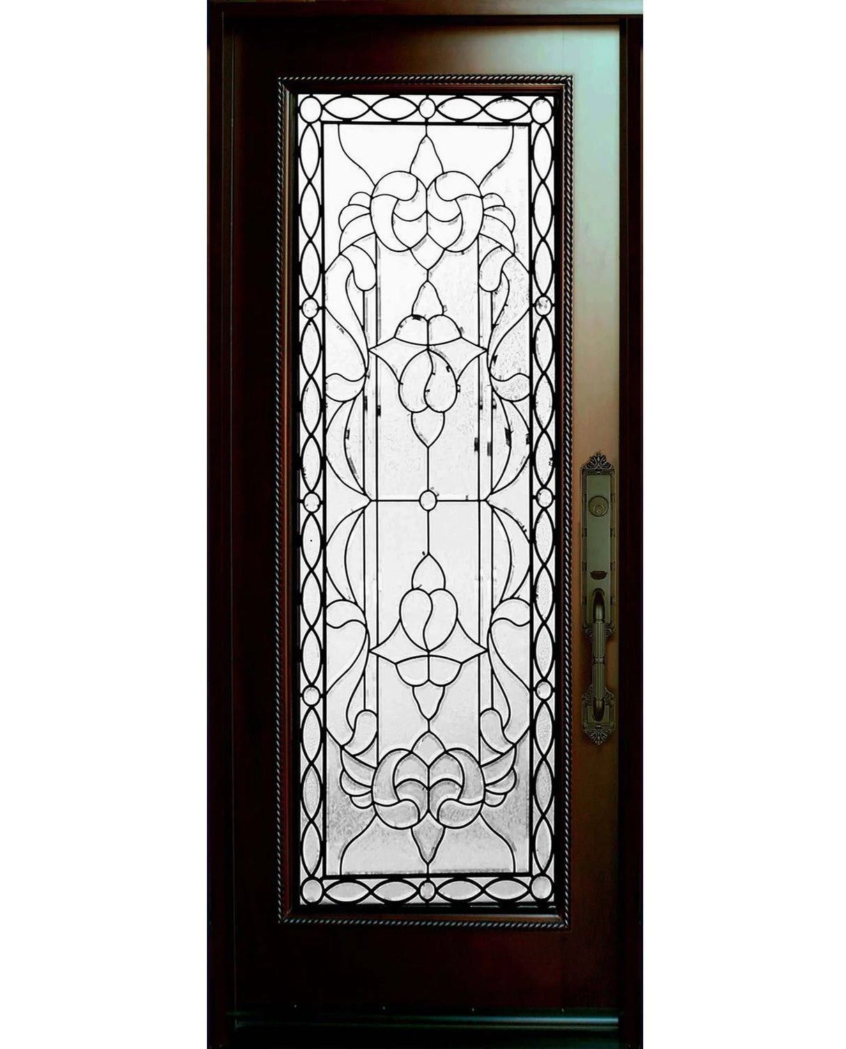 Single front entry door with decorative glass panel and classic design, straight-on view